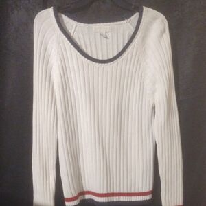 Forever 21 White Ribbed Sweater with Red and Blue Trim
